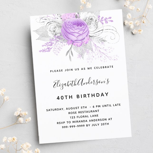 Birthday purple florals elegant silver luxury invitation (Creator Uploaded)