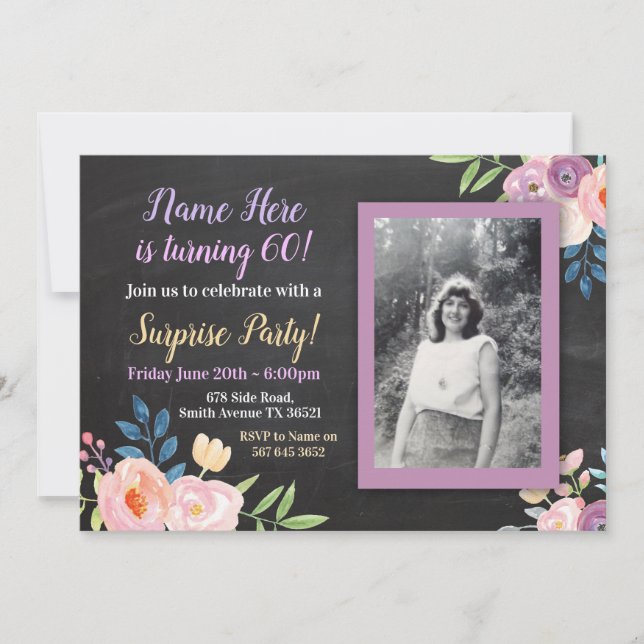 Birthday Purple Flower Photo Chalk Invitation (Front)