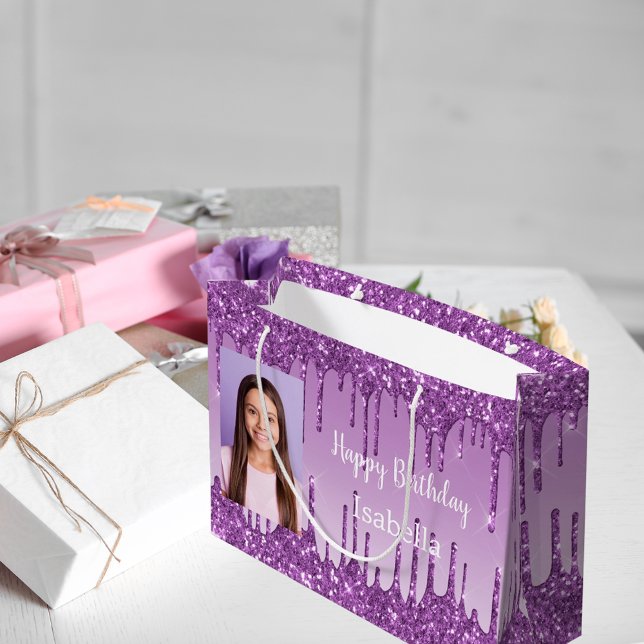 Birthday purple glitter drips 2 photo name large gift bag (Creator Uploaded)