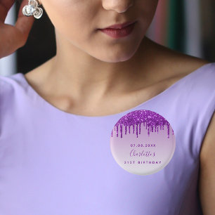 Birthday purple glitter drips custom monogram 3 cm round badge