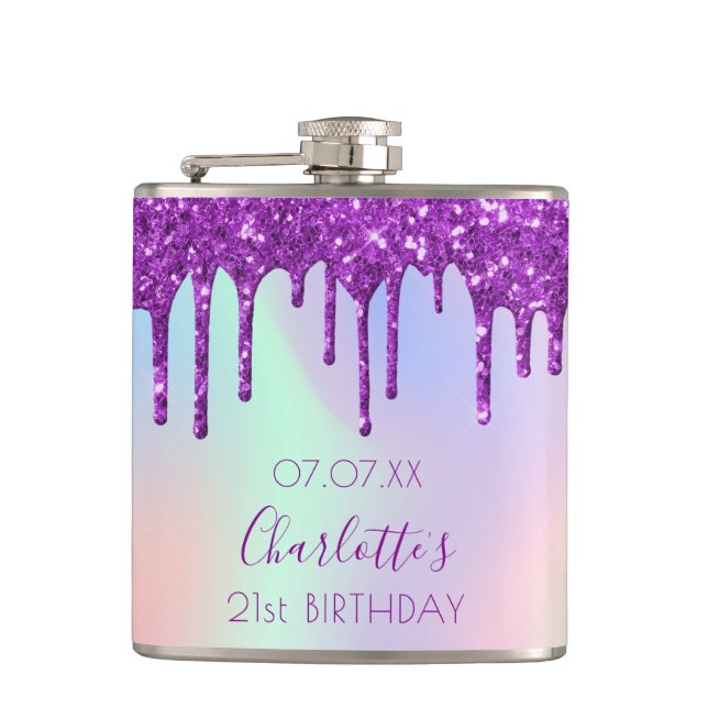 Birthday purple glitter drips holographic name hip flask (Front)
