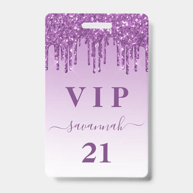 Birthday purple glitter drips monogram luxury vip  ID badge (Front)