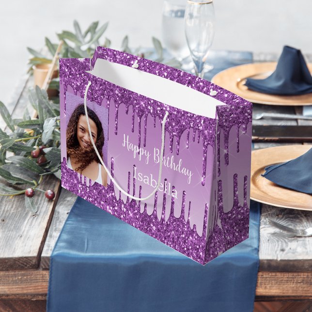 Birthday purple glitter drips photo name large gift bag (Creator Uploaded)