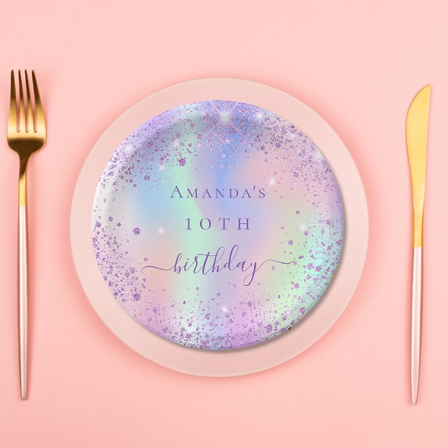 Birthday purple glitter pink holographic name paper plate (Creator Uploaded)