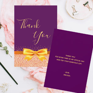 Birthday purple gold bow Thank You card