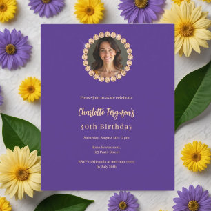 Birthday purple gold diamond photo invitation