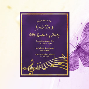 Birthday purple gold music invitation postcard