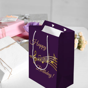 Birthday purple gold music notes medium gift bag