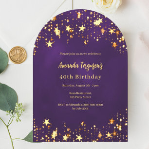 Birthday purple gold stars arch invitation