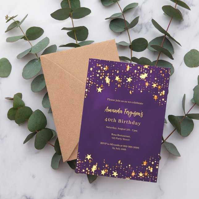 Birthday purple gold stars invitation (Creator Uploaded)