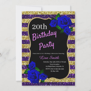 Birthday Purple Gold Stripes Glitter Deep Blue Ros Invitation
