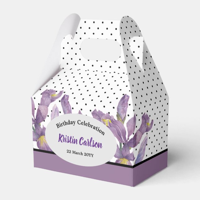 Birthday Purple Irises with Black White Polka dots Favour Box (Front Side)