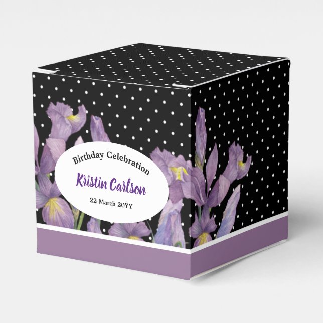 Birthday Purple Irises with Black White Polka dots Favour Box (Front Side)