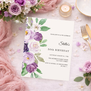 Birthday purple lavender florals ivory invitation