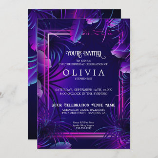 Birthday | Purple Neon Tropical Foliage Invitation