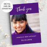 Birthday purple photo thank you card<br><div class="desc">A purple background.  Personalise and add your photo and thank you note.</div>