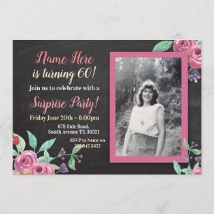 Birthday Purple Pink Flower Photo Chalk Invitation