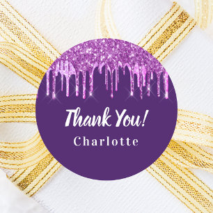 Birthday purple pink glitter drip favour thank you classic round sticker