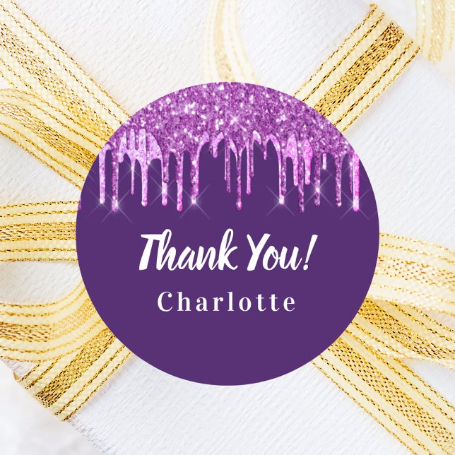 Birthday purple pink glitter drip favour thank you classic round sticker (Creator Uploaded)