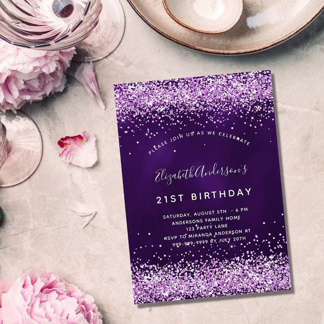 Birthday purple pink glitter glamourous invitation postcard (Creator Uploaded)