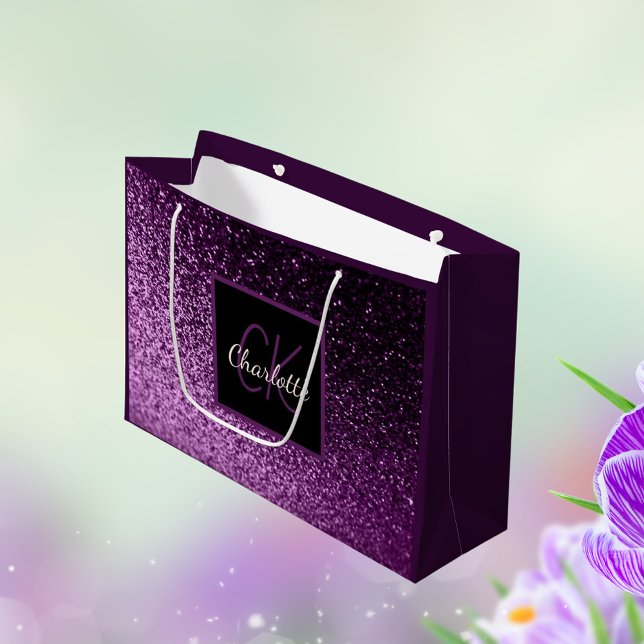 Birthday purple pink glitter monogram luxury large gift bag (Creator Uploaded)