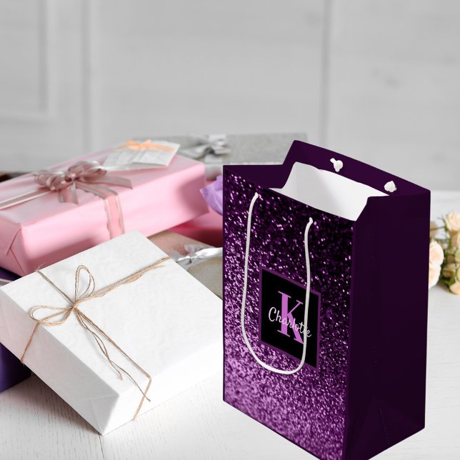 Birthday purple pink glitter monogram medium gift bag (Creator Uploaded)