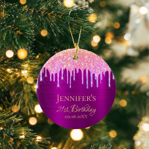 Birthday purple pink glitter thank you ceramic tree decoration