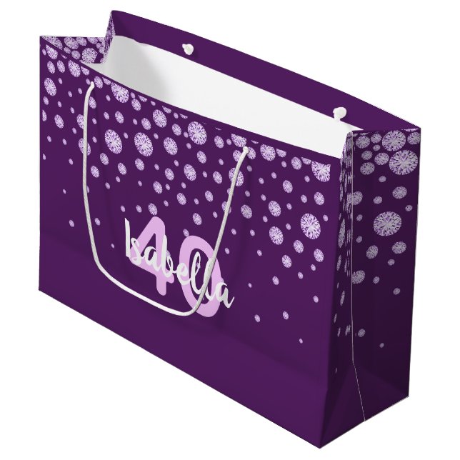 Birthday purple pink monogram name diamonds large gift bag (Front Angled)