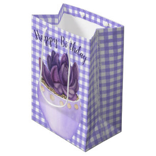 Birthday Purple Potted Succulent on Gingham Medium Gift Bag
