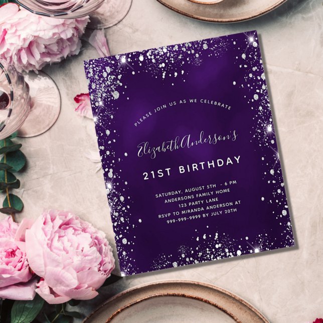 Birthday purple silver glitter budget invitation flyer (Creator Uploaded)