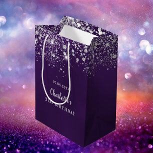Birthday purple silver glitter dust monogram medium gift bag