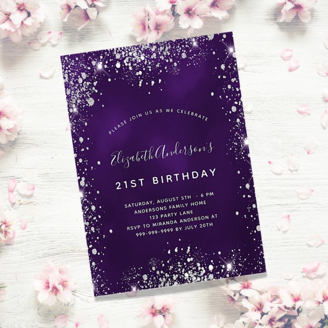 Birthday purple silver glitter glamourous invitation postcard (Creator Uploaded)