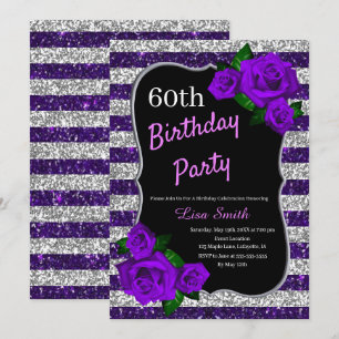 Birthday Purple Silver Stripes Glitter Purple Rose Invitation