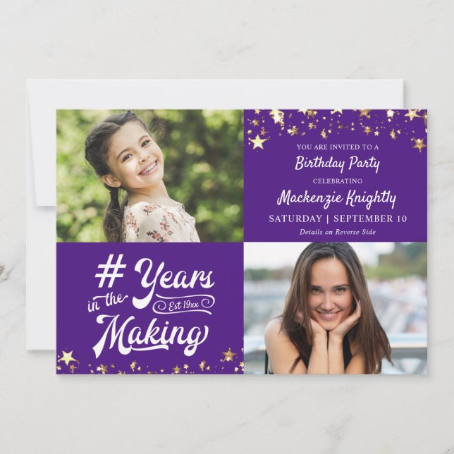 Birthday Purple Stars YEARS IN THE MAKING 2 Photo Invitation (Front)
