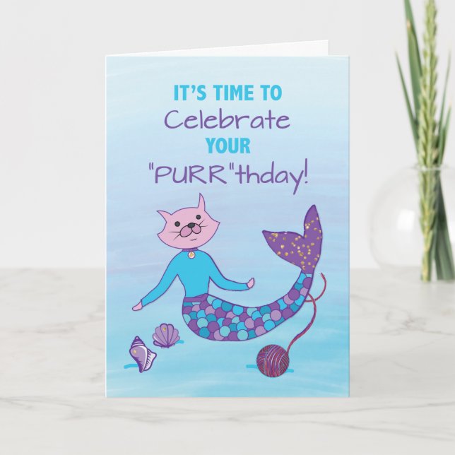 Birthday Purrmaid with Sparkly Glitter Look Card (Front)