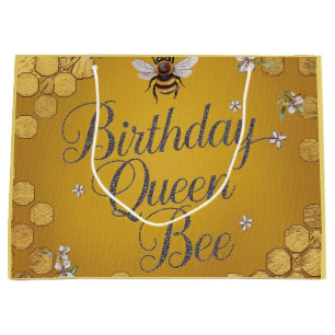 Birthday Queen Bee - Stylish Gold Honeycomb Design Large Gift Bag