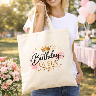 Birthday Queen Elegant Script with Gold Crown Tote Bag