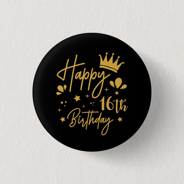 Birthday Queen Gold Glitter Happy 16th Birthday 3 Cm Round Badge (Front)