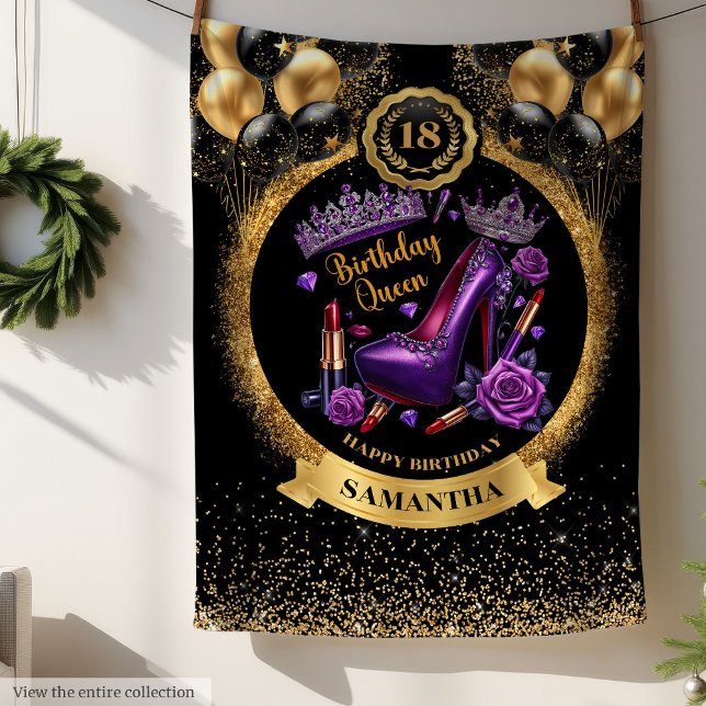 Birthday Queen High Heels Gold Balloons Purple Fleece Blanket (Birthday Queen High Heels Gold Balloons Purple Fleece Blanket)