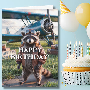 Birthday Raccoon Pilot & Airplane Photo Funny Card