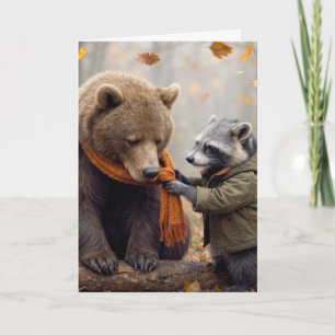Birthday Racoon Tying a Scarf On a Bear Card