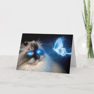 Birthday Ragdoll Cat With Blue Neon Butterfly Card