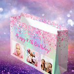 Birthday rainbow blush pink glitter dust photo large gift bag<br><div class="desc">For a girly and glamourous 16th (or any age) birthday.  A rainbow,  holographic coloured background withblush pink,  rose gold and purple glitter dust. Personalise and add 3 photos and age 16/text.</div>