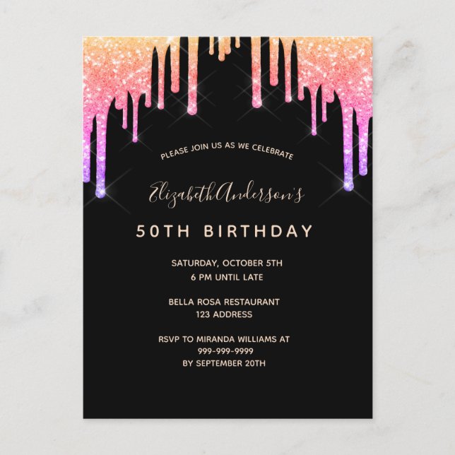 Birthday rainbow glitter black pink invitation postcard (Front)