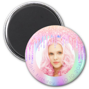 Birthday rainbow glitter drips custom photo pink  magnet
