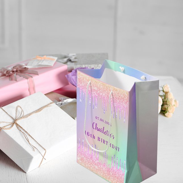 Birthday rainbow glitter drips pink monogram medium gift bag (Creator Uploaded)