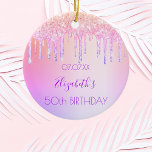 Birthday rainbow glitter pink purple 50 sparkle ceramic tree decoration<br><div class="desc">An ornament for a girly and glamourous 50th (or any age) birthday. A trendy rainbow coloured gradient background in purple, pink and rose gold with faux glitter drips, paint dripping look as decoration. Personalise and add a name, date and age 50. The name is written with a modern hand lettered...</div>