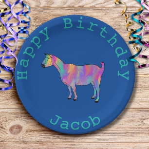 Birthday Rainbow Goat Farm Animal Add Name Jacob Paper Plate