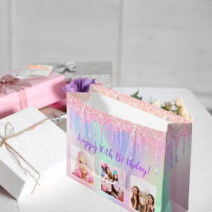 Birthday rainbow pink glitter drips custom photo large gift bag