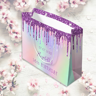 Birthday rainbow purple glitter drips monogram large gift bag